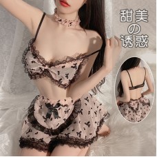 Guiruo Fun Lingerie Sexy Mesh Perspective Pure Desire Backless Bow Short Skirt Maid Uniform Set 2410