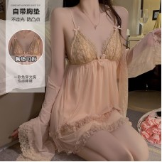 Guiruo Sweet Mesh Lace Deep V with Chest Pads Pure Desire Sling Sleeping Dress Outer Robe Women's Home Suit Set P3772