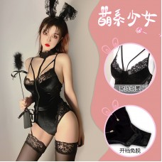 Guiruo Fun Lingerie Sexy Deep V Velvet Splice Lace Cute Rabbit Girl Concealed Open Range One Piece Set 604