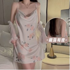 Guiruo Sexy Swinging Collar Flower Print Satin Open Back Suspended Sleeping Dress Mesh Outer Robe Women's Home Set 3780