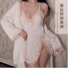 Guiruo Brand Solid Lace Small Chest Pajamas Low Chest Suspended Dress Lace Comfortable Outer Robe Home Suit Set 893