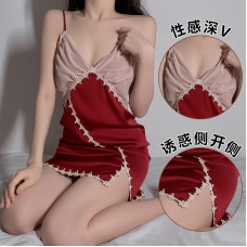 Guiruo Summer Thin Ice Silk Pajamas Women's Sexy Deep V Lace Open Back Pajama Dress Home Suit Set 1216