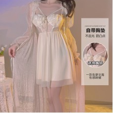 Guiruo Sexy Low Chest Perspective Lace and Chest Cushion Waist Closed Back Mesh Sleeping Dress Outer Robe Home Suit Set 3546