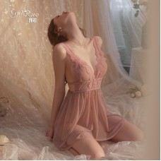 Guiruo Brand's New Comfortable Nightwear Solid Mesh Perspective Attractive Backless Suspended Dress Home Suit Set 725