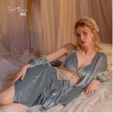 Guiruo Lace Perspective Temptation Solid Color Velvet Suspender Sleeping Dress Outer Robe with Chest Cushion Gather Home Fur Set 2815