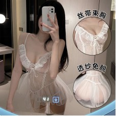 Guiruo Fun Underwear Sexy Solid Color Waist Pulling Pure Desire Pajama Mesh Perspective Temptation Sling Pajama Dress Set 1721