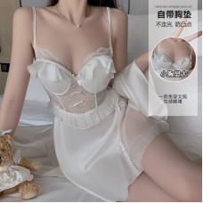 Guiruo Lingerie Satin Low Chest Gathered with Chest Pads Perspective Lace Combination Sleeping Dress Outer Robe Home Suit Set 3128