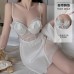 Guiruo Lingerie Satin Low Chest Gathered with Chest Pads Perspective Lace Combination Sleeping Dress Outer Robe Home Suit Set 3128