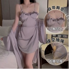 Guiruosi Smooth Satin Face with Chest Cushion Hollow out Temptation Sling Sleeping Dress Lazy Outer Robe Women's Home Set P3144