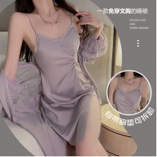 Ruo Ruo Satin Surface with Chest Cushion Sexy High Split Pleated Waist Shrinking Pure Desire Sleeping Dress Outer Robe Home Set 3156