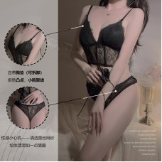 Ruo Ruo Sexy Backless Perspective Lace Deep V Temptation with Chest Cushion Bra Style Top and Shorts Pure Desire Three Point Set