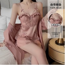 Guiruo Sexy Backless Temptation Ice Silk and Chest Cushion Steel Ring Gathering Sling Sleeping Dress Outer Robe Home Suit Set 2072