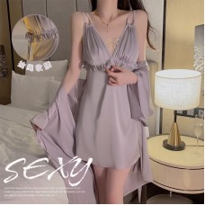 Guiruo Satin Deep V Perspective Lace Drawstring Waist Wrapped Private Room Sleeping Dress Simple Outer Robe Women's Home Furnishing Set 3210