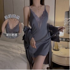 Guiruo Sexy Nightwear Ice Silk Splice Lace Suspender Nightwear Simple Lace Women's Outer Robe Home Suit Set 1906