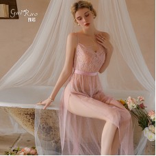 Guiruo Fun Mesh Lace Perspective Low cut Sexy Open Back Pure Desire High slit Strap Long Dress 16055