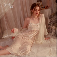 Guiruo Sexy Velvet Lace Temptation Pure Desire Square Neck Suspended Sleeping Dress Comfortable Outer Robe Home Suit Set P2941