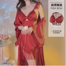 Guiruo Sexy Hollow out Temptation Ice Silk and Chest Cushion Gather Strap Sleeping Dress Simple Outer Robe Home Suit Set 3226