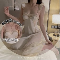 Guiruo Lingerie Sexy Open Back with Breast Pads, Lace Flowers, Slim Fit, Satin Face Slim Slim Slim Slim Slim Slim, Home Fury, Sleepwear, 3388