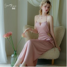 Rose Ruosi Smooth Satin Open Back Seduction Hanging Neck Comfortable Long French Suspended Sleeping Dress Home Suit Set Q2750