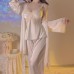 Guiruo Sexy Deep V Plus Chest Cushion Suspender Top Long Pants Outer Robe Three Piece Comfortable Pure Lust Home Suit Set