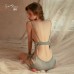 Guiruo Sexy Deep V Hollow out Temptation Lace Lace Lace Nightwear Open Back Pleated Suspended Dress Home Suit Set 1607