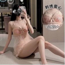 Guiruo Fun Lingerie Sexy Embroidery Love Perspective Temptation Sleepwear Open Back Suspended Dress Home Suit Set 1463