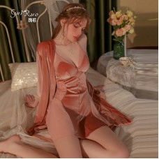 Guiruo Sexy Backless Temptation with Chest Pads, Sleeping Dress, Velvet Outrobe, French Private Home Fur Set 2992