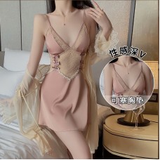 Guiruo Sexy Backless Temptation Ice Silk Pajamas with Chest Pads Gathered Strap Sleeping Skirt Outer Robe Home Suit Set 1667