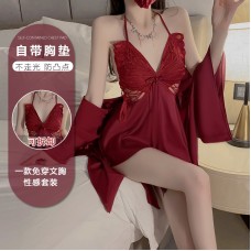 Guiruo Bride Morning Robe Sexy Backless Temptation Ice Silk Pajamas Comfortable and Simple Outer Robe Home Suit Set P3945