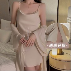 Guiruo Sexy Backless Temptation Ice Silk Pajamas Simple Sling Sleeping Dress Lace up Outer Robe Women's Home Furnishing Set 1910