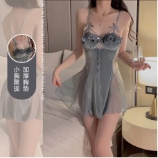 Guiruo Sexy Open Back Low Chest Gathered with Chest Pads Lace Perspective Velvet Sleeping Skirt Outer Robe Home Suit Set 2953