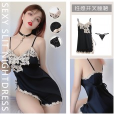 Guiruo Fun Underwear Sexy Deep V Satin Patch Lace Side Split Sleeping Dress Home Suit Set 936