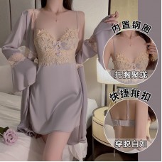 Guiruo Sexy Deep V Satin Lace Steel Ring Gathered Split Hollow Back Sleeping Dress Outer Robe Home Set 1701