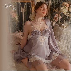 Guiruo satin patchwork mesh sexy hollow open back with chest pad, steel ring suspender, nightgown, outerwear, home suit 3230