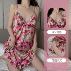 Guiruo Sexy Deep V Plus Chest Cushion Open Back Seduction High Split Printed Satin Sling Home Sleeping Dress Set 3762