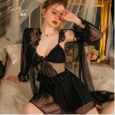 Guiruo Summer Plus Chest Pad Wave Dot Mesh Perspective Suspender Sleeping Dress Minimalist Outer Robe Women's Home Furnishing Set 2634