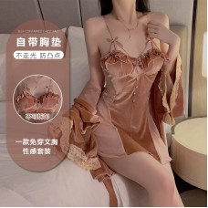 Guiruo Velvet Low Chest V-Neck with Chest Pads Gathered and Collared, Perspective Lace Sleeping Dress, Outer Robe, Home Suit Set 2953