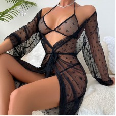 Guiruo Fun Lingerie Fragmented Flower Mesh Perspective Lace up Outer Robe Sexy Three Point Adult Sleeping Dress Set Foreign Trade 9185