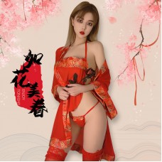 Guiruo Fun Lingerie Red Sexy Mesh Belly Bag Ancient Kimono Mesh Bride Role Playing Set 757