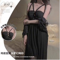 Ruo Ruo Pure Desire, Sweet Lace and Chest Cushion, Low Cut Sexy, Open Back Mesh Sleeping Dress, Outer Robe, Home Fury 2644