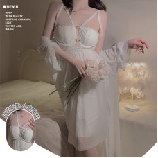 Guiruo Sexy Mesh Splice Lace Flower Decoration Hollow out with Chest Cushion Sleeping Skirt Outer Robe Home Suit Set 2644