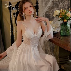 Guiruo Sexy Backless Seduction Long Steel Ring Chest Cushion Gathered Strap Sleeping Dress Outer Robe Home Suit Set J2987