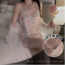 Guiruo Sexy Deep V Pile Neck Printed Ice Silk Suspender Sleeping Dress Mesh Outer Robe Women's Homewear Set 3802