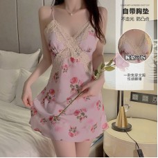 Ruo Ruo Sexy Open Back Printed Chiffon Lace Interlaced Deep V with Chest Pads Pure Desire Sleeping Dress Women's Home Fury 3790