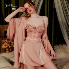 Guiruo French Sexy Deep V Satin Patched Lace Chest Pads with Open Back Strap Home Pajama Set 3128