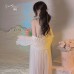 Guiruo New Sweet Silk Smooth Satin Open Back Strap Sleeping Dress Women's Mesh Outer Robe Home Suit Set 3430