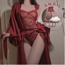 Guiruo Sexy Open Back Mesh Perspective Low Chest Temptation Sling One Piece Open Crotch Outer Robe Fun Pjama Set 3649