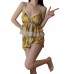 Guiruo Summer Satin Sexy Deep V with Chest Cushion Suspender Shorts, Yellow War Robe, Popular Online Home Suit 3759