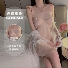 Guiruo Sexy Deep V with Chest Cushion Perspective Lace Collar Flying Sleeves Sleeping Dress Outrobe Women's Home Furnishing Set P3562