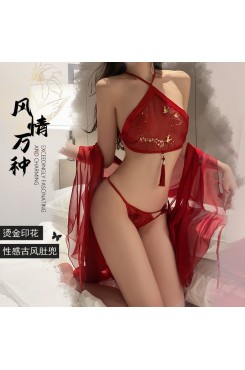 Guiruo Fun Lingerie Sexy National Style Gold Stamped Pajamas Hot Hanfu Temptation Pure Desire Bed Uniform Set 2695